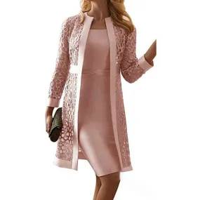 Casual Women Dress Plus Size Solid Lace Cardigan Long Sleeve Knee-length Fashion Slim Dress Set robe femme женское платье 2021