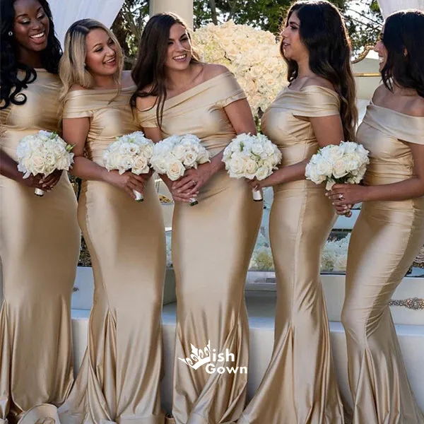 Champagne Gold Mermaid Off Shoulder Soft Satin Floor Length Bridesmaid Dresses, WGM058