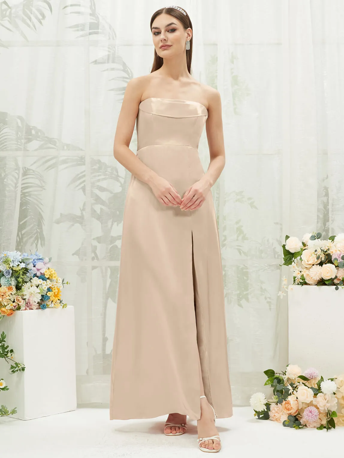 Champagne Satin Convertible Slit Floor Length  Bridesmaid Dresses