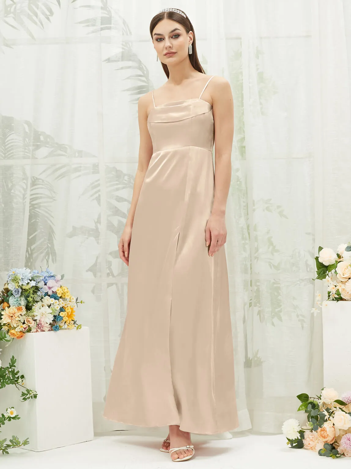 Champagne Satin Convertible Slit Floor Length  Bridesmaid Dresses