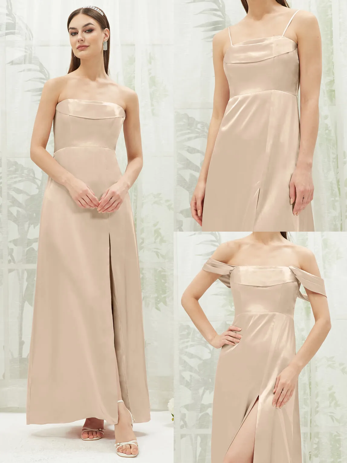 Champagne Satin Convertible Slit Floor Length  Bridesmaid Dresses