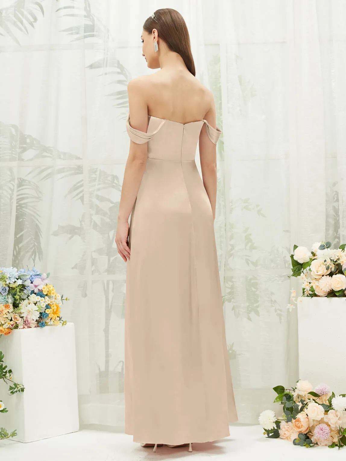 Champagne Satin Convertible Slit Floor Length  Bridesmaid Dresses