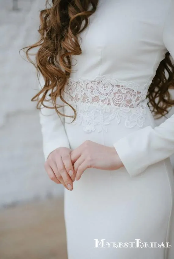 Charming Elegant Bateau Long Sleevees Sheath Wedding Dresses With Appliqued Waist, TYP0095