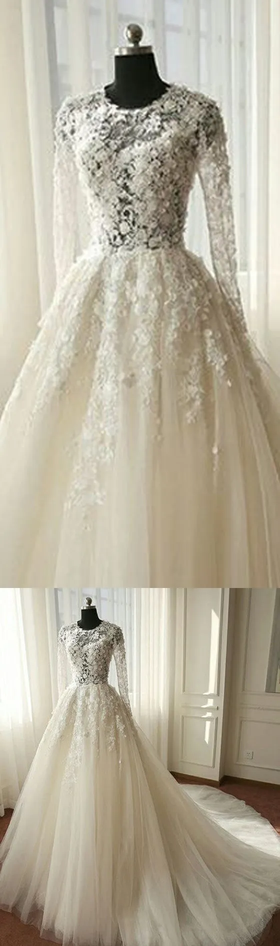 Charming Long Sleeves Tulle Applique Affordable Long Wedding Dresses, WG1246