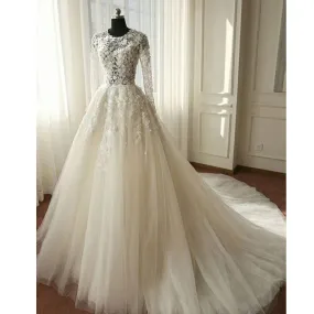 Charming Long Sleeves Tulle Applique Affordable Long Wedding Dresses, WG1246