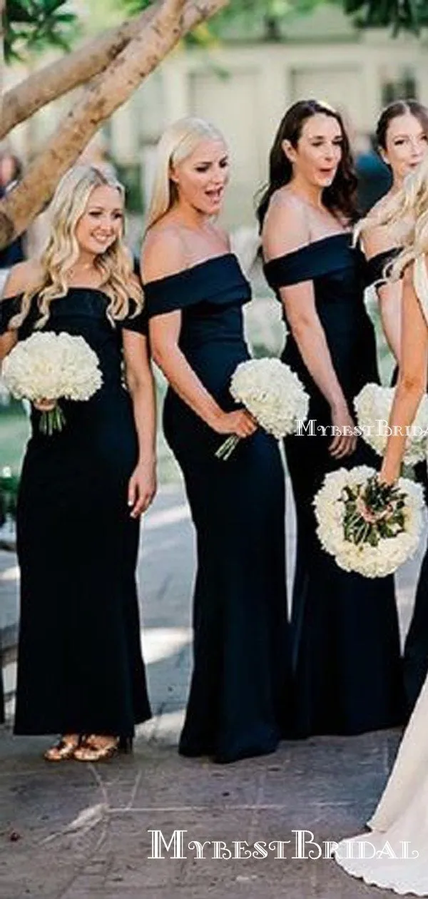 Charming Off-The-Shoulder Black Satin Sidei Slit Mermaid Long Cheap Bridesmaid Dresses, BDS0020