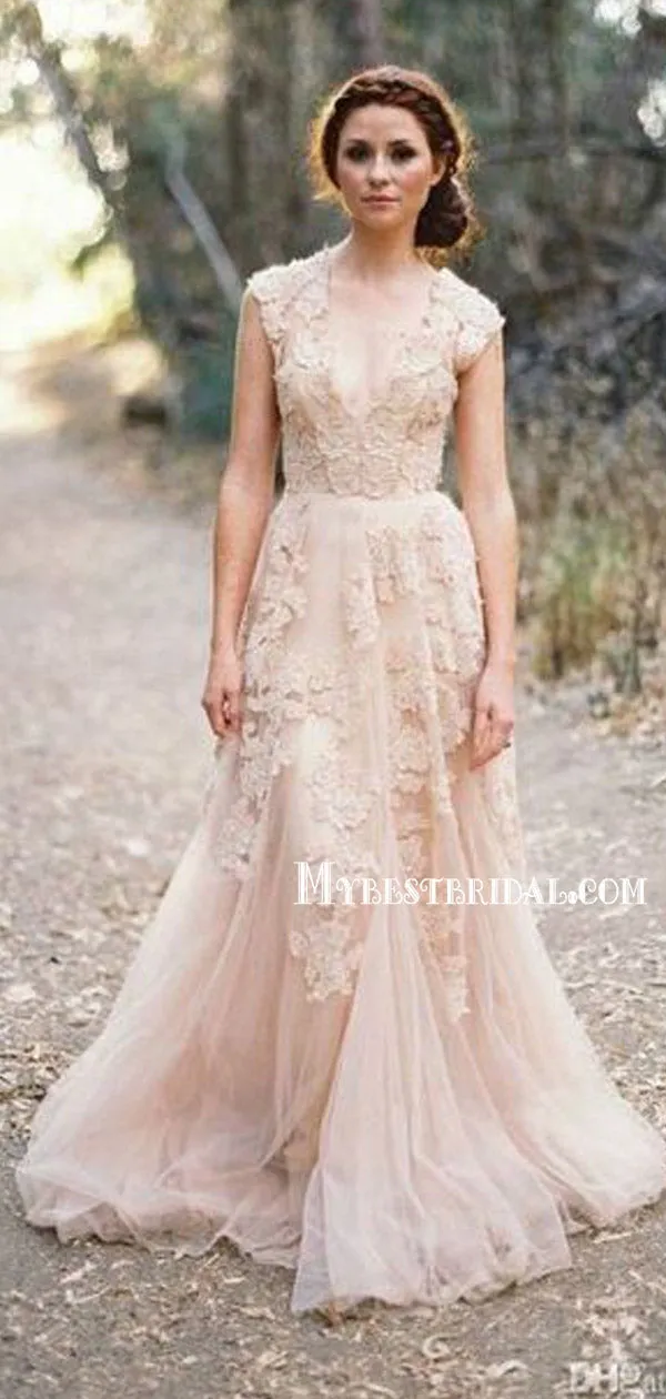 Charming Pink Lace Sexy V-neck Long Sheath Tulle Wedding Party Dresses, WDY0113