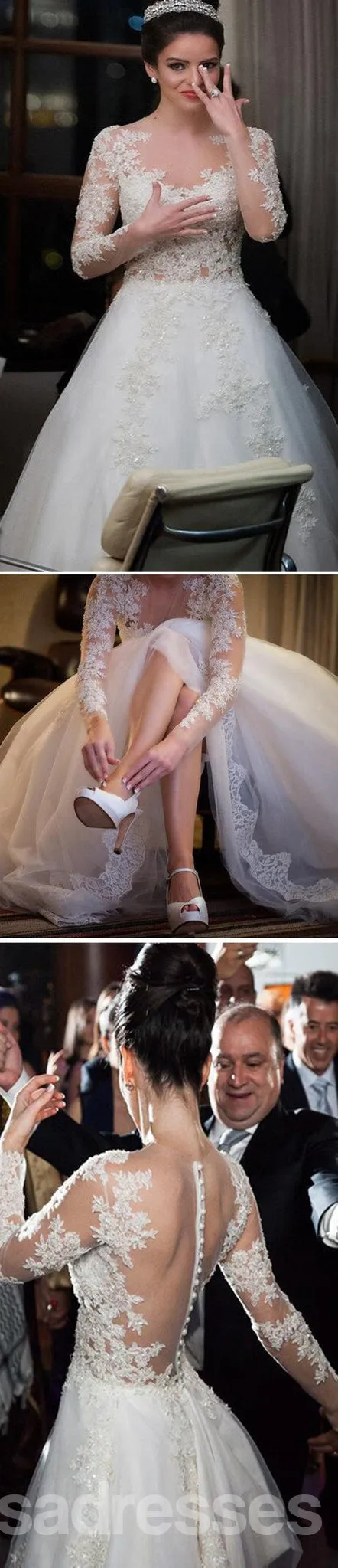 Charming Popular Long Sleeve Lace See Through Wedding Party Dresses, WD0049