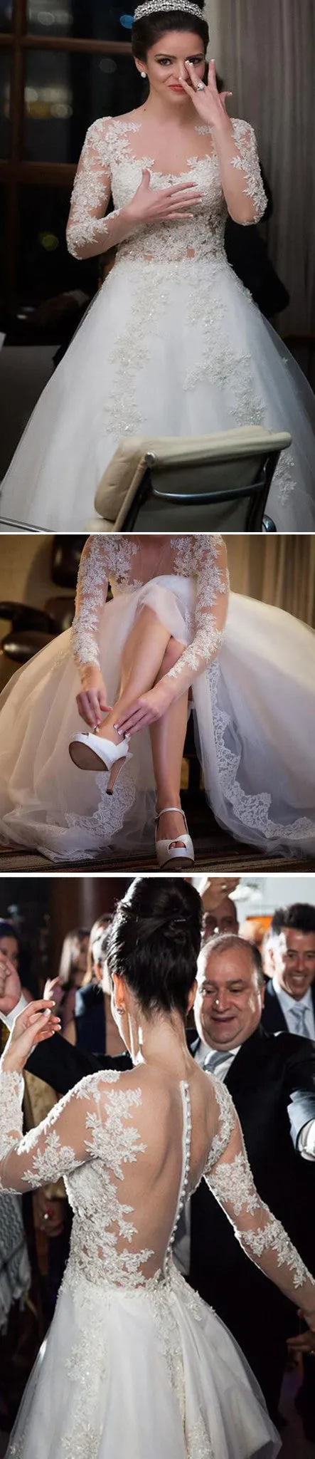 Charming Popular Long Sleeve Lace See Through Wedding Party Dresses, WD0049