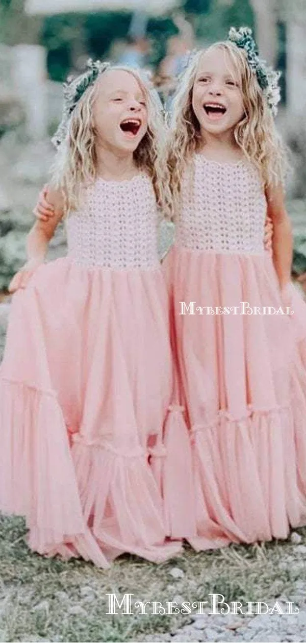 Charming Round Neck Pink Tulle A-line Long Cheap Flower Girl Dresses, FGS0020