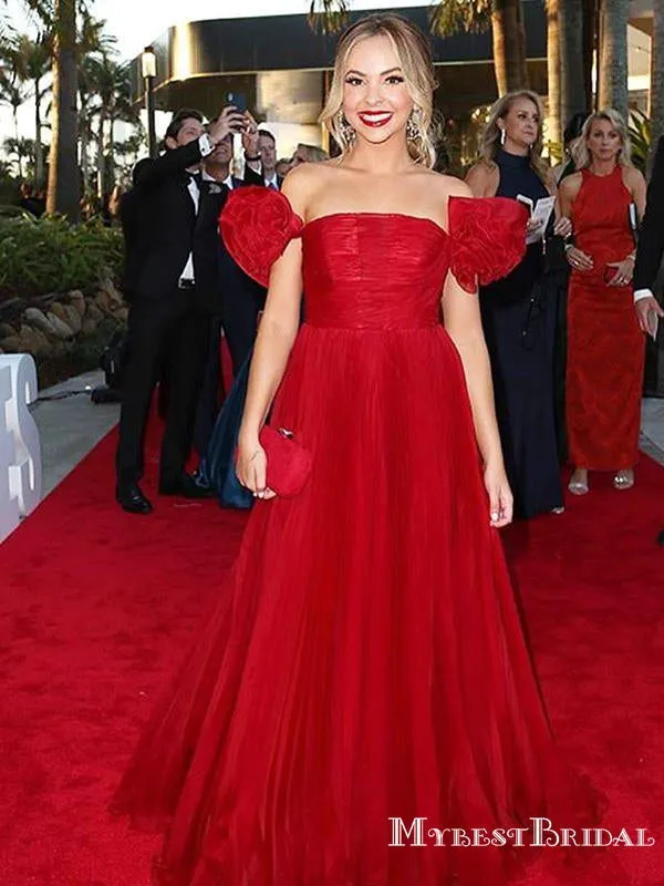 Charming Simple Off-The-Shoulder Red Tulle A-line Long Cheap Formal Evening Party Prom Dresses, PDS0063