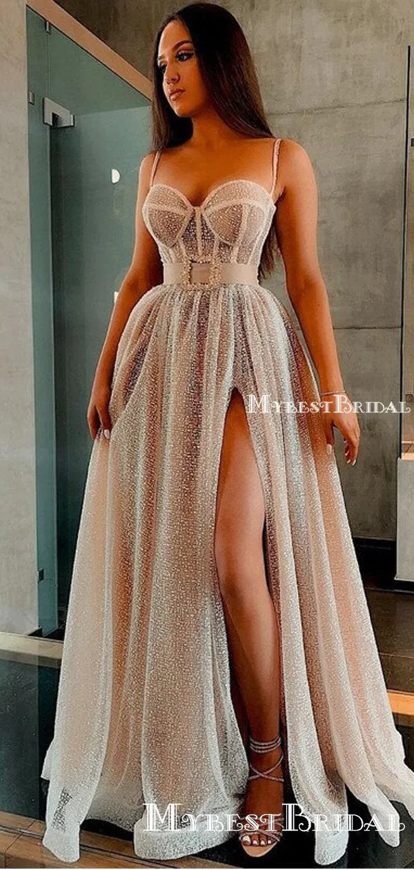 Charming Spaghetti Strap Sweetheart Sexy Side Slit A-line Long Cheap Prom Dresses, PDS0072