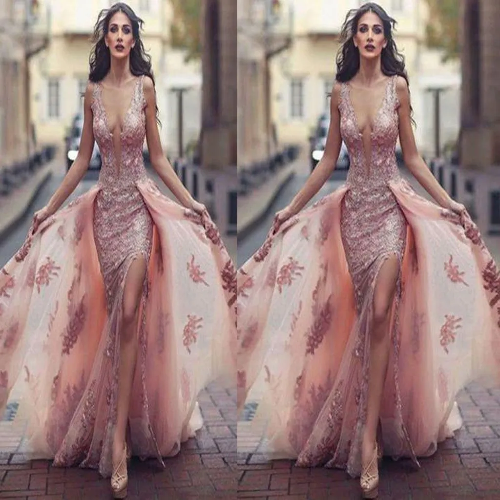 Charming Sweep Train Deep V Neck Pink Tulle Prom Dress with Lace Appliques,Evening Party Dresses,PDY0257