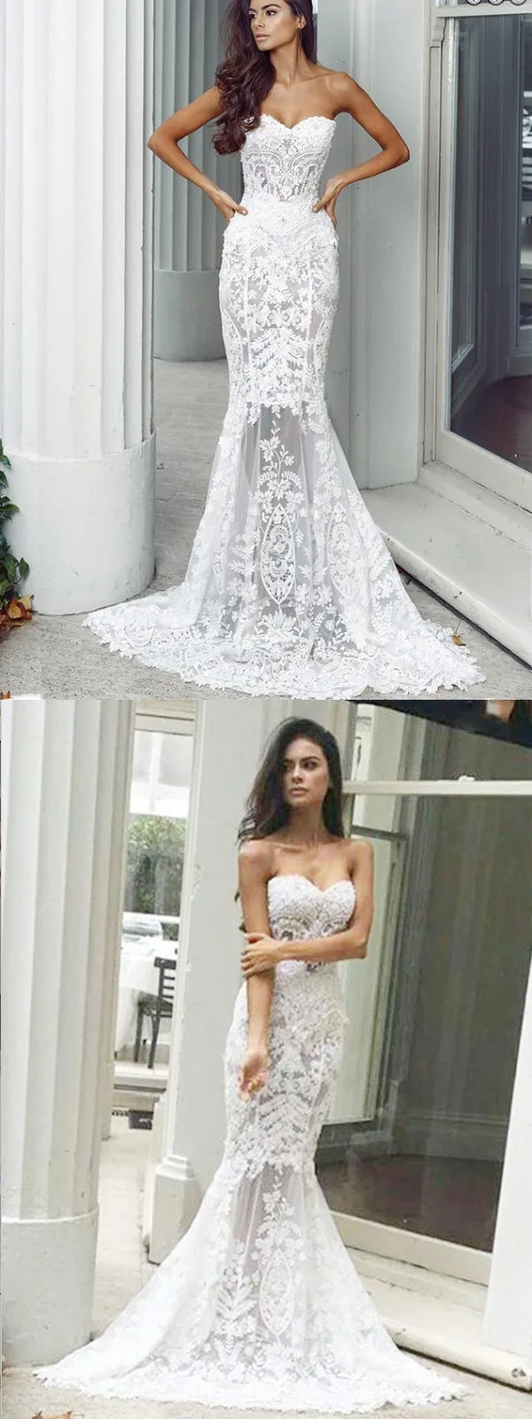 Charming Sweetheart Long Mermaid Lace Wedding Dresses, Sexy Backless Tulle Bridal Gown, WDY0117