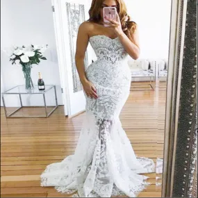 Charming Sweetheart Long Mermaid Lace Wedding Dresses, Sexy Backless Tulle Bridal Gown, WDY0117