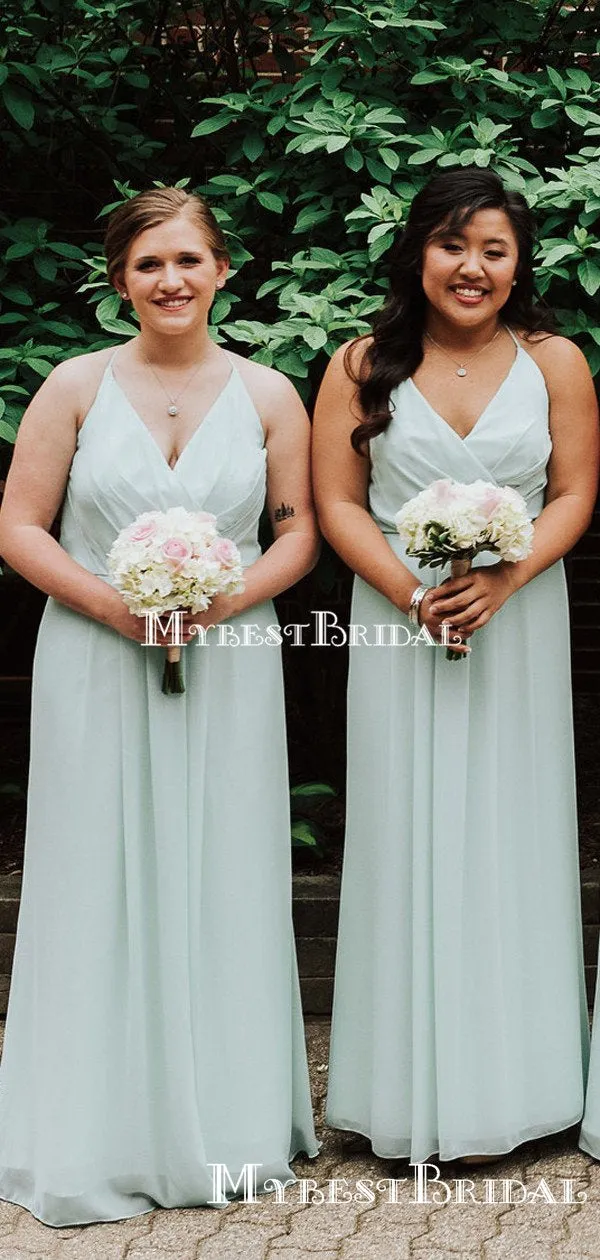 Charming V-neck Mint Chiffon A-line Long Cheap Bridesmaid Dresses, BDS0079