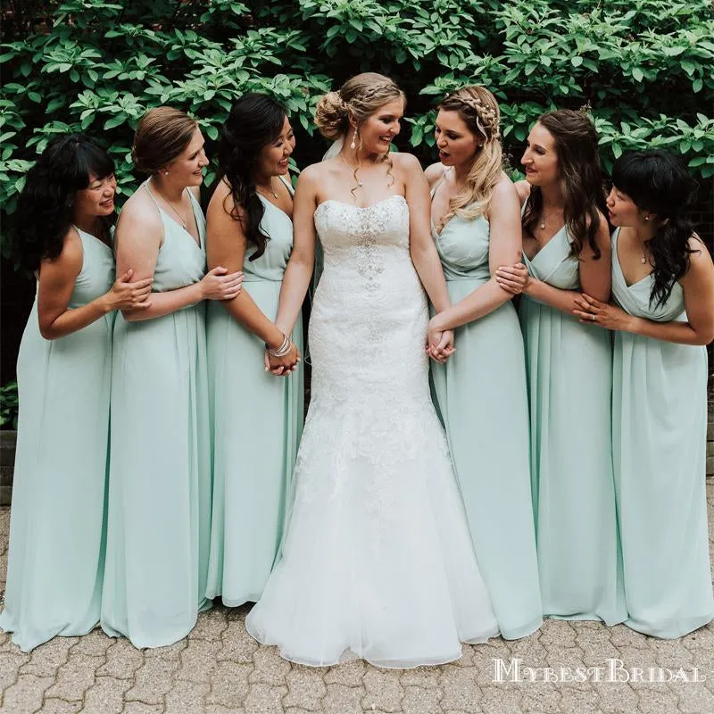 Charming V-neck Mint Chiffon A-line Long Cheap Bridesmaid Dresses, BDS0079