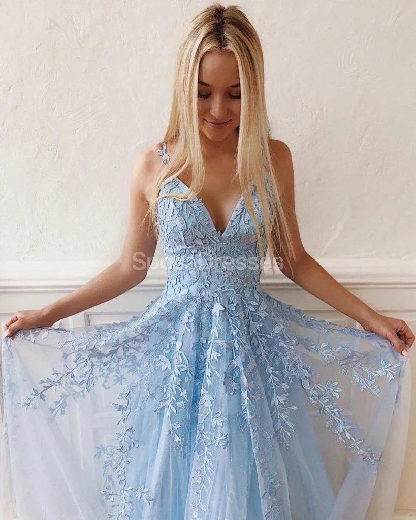 Cheap Blue Lace A-line Long Evening Prom Dresses, Evening Party Prom Dresses, 12228