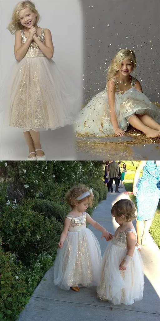 Cheap Gold Sequins Tulle Spaghetti Straps Little Girl Dresses ,Flower Girl Dresses ,FGY0179