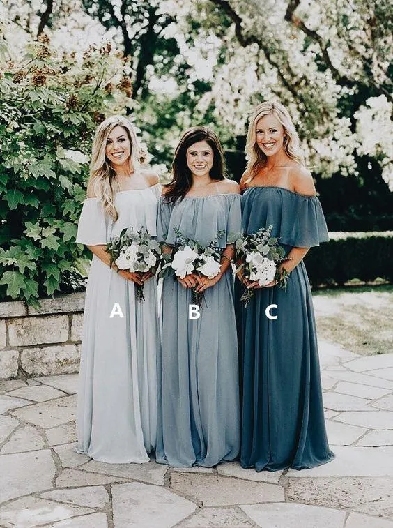 Cheap Off Shoulder Chiffon Custom Long Bridesmaid Dresses, WGY0248