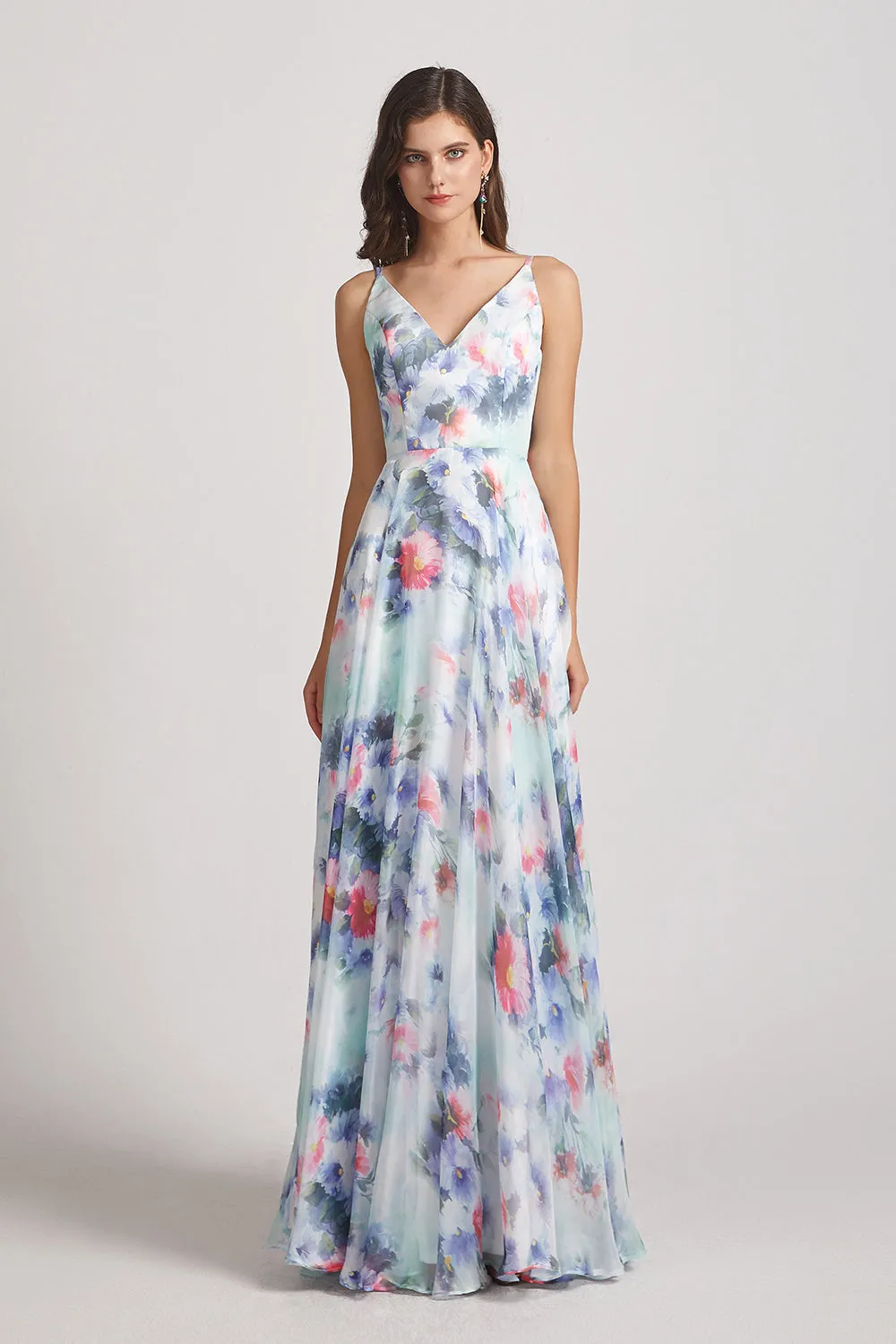 Chiffon Blue Flower Print Bridesmaid Dresses (AF0126)