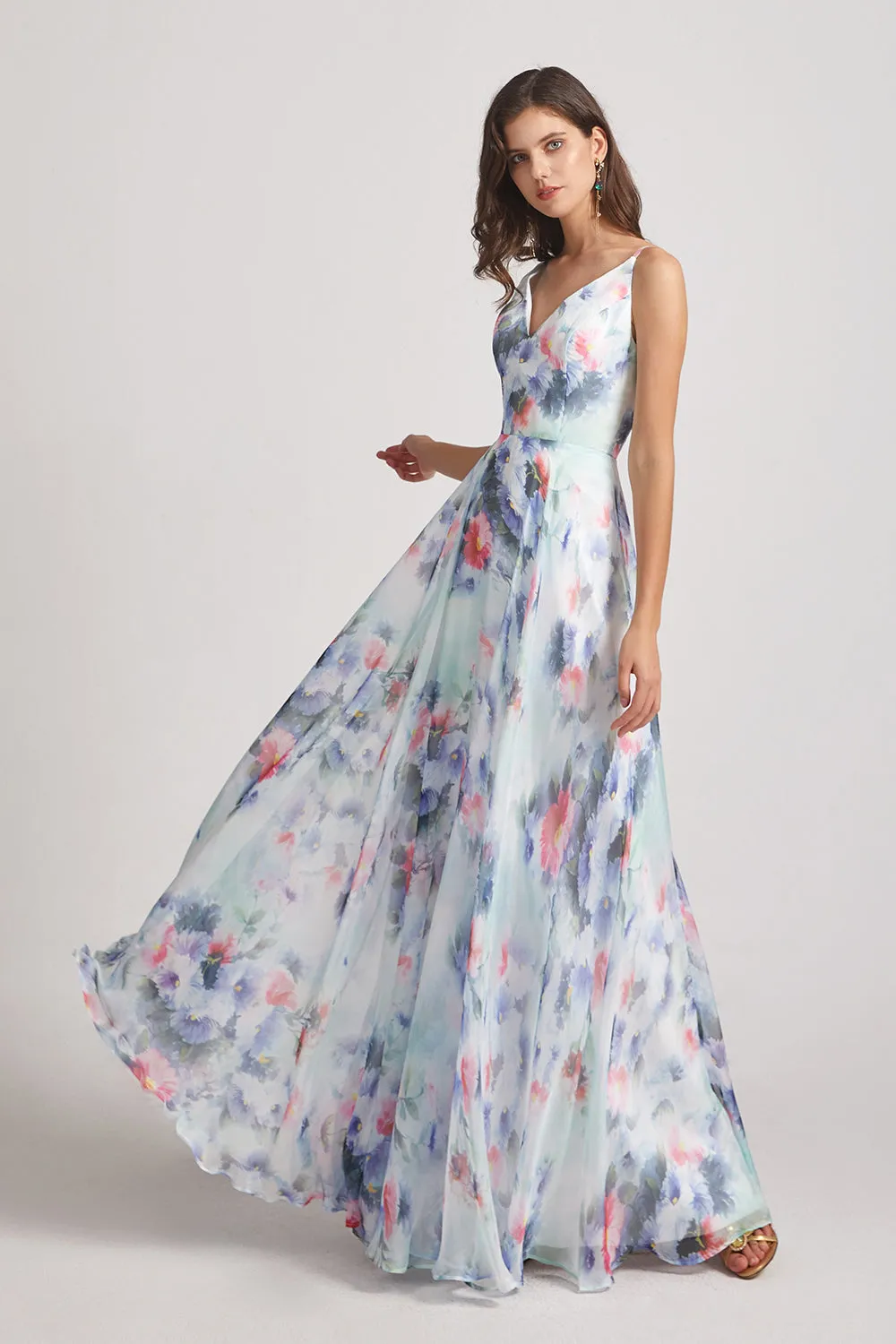 Chiffon Blue Flower Print Bridesmaid Dresses (AF0126)