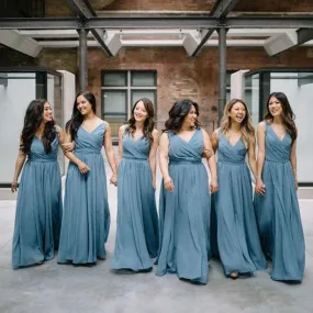 Chiffon V Neck Dusty Blue Long Cheap Bridesmaid Dresses Online, WGY0243