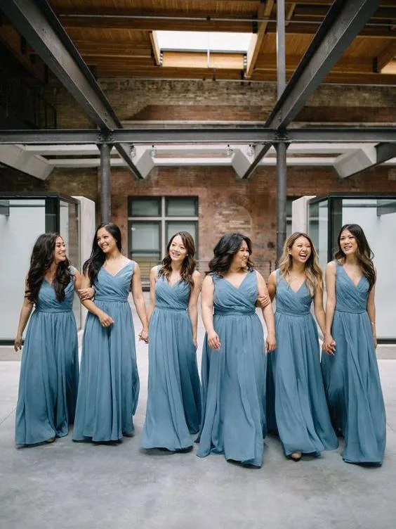 Chiffon V Neck Dusty Blue Long Cheap Bridesmaid Dresses Online, WGY0243