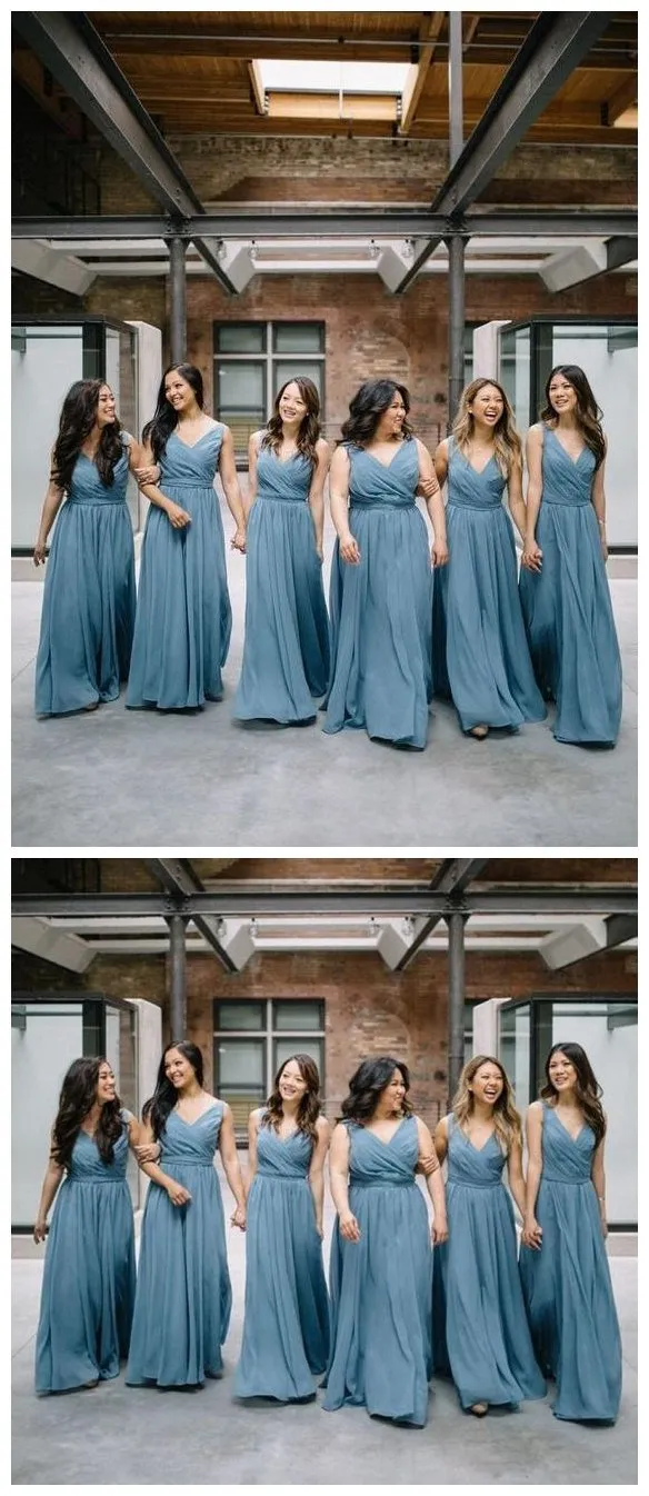 Chiffon V Neck Dusty Blue Long Cheap Bridesmaid Dresses Online, WGY0243