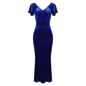 Cobalt Blue V Neck Velour Maxi Dress w/ Fishtail Hem & Waterfall Sleeves