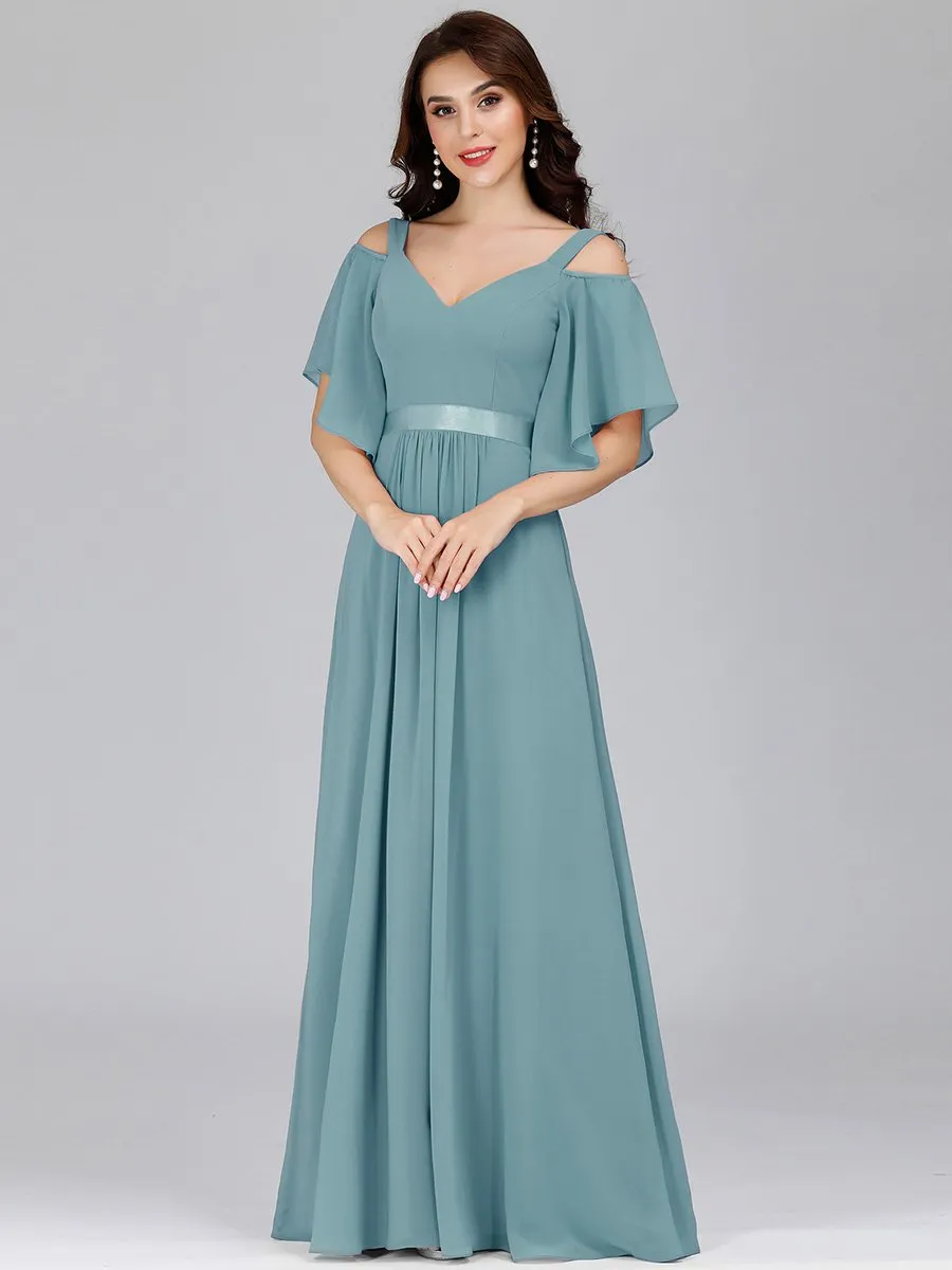 Cold Shoulder Chiffon Wholesale Bridesmaid Dress with Ruffle Sleeves