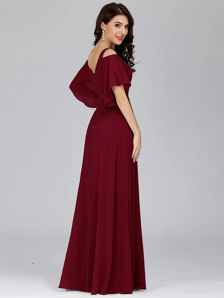 Cold Shoulder Chiffon Wholesale Bridesmaid Dress with Ruffle Sleeves