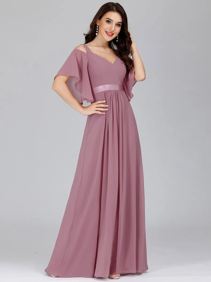 Cold Shoulder Chiffon Wholesale Bridesmaid Dress with Ruffle Sleeves