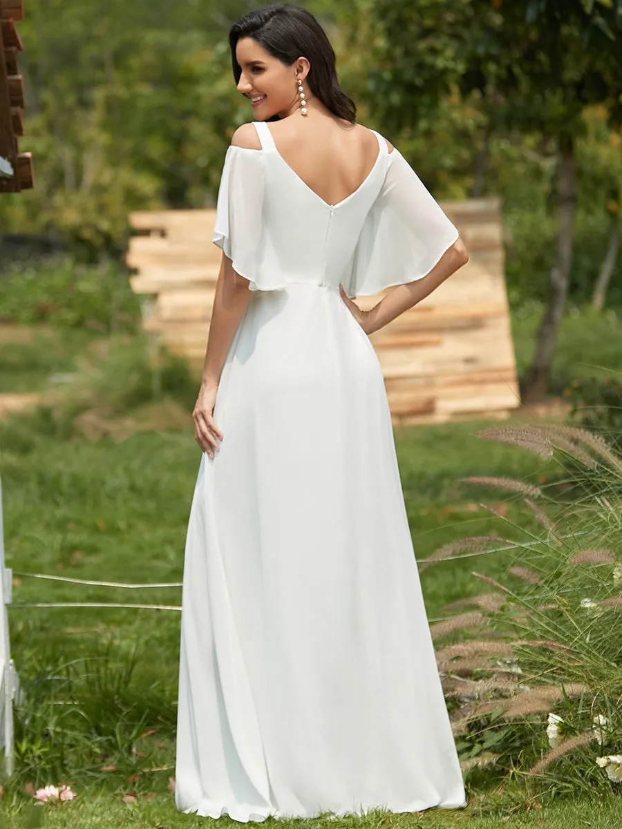 Cold Shoulder Chiffon Wholesale Bridesmaid Dress with Ruffle Sleeves