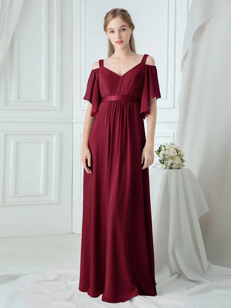 Cold Shoulder Chiffon Wholesale Bridesmaid Dress with Ruffle Sleeves