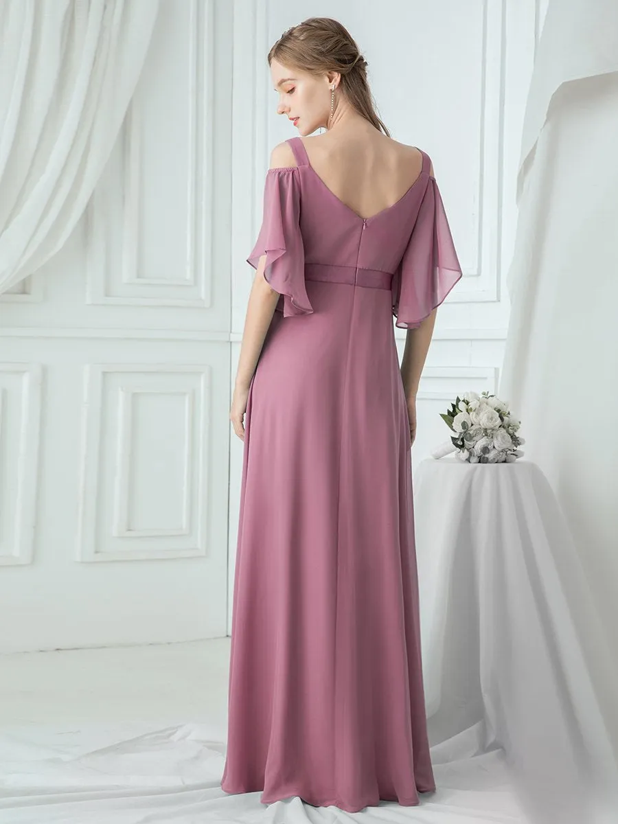 Cold Shoulder Chiffon Wholesale Bridesmaid Dress with Ruffle Sleeves