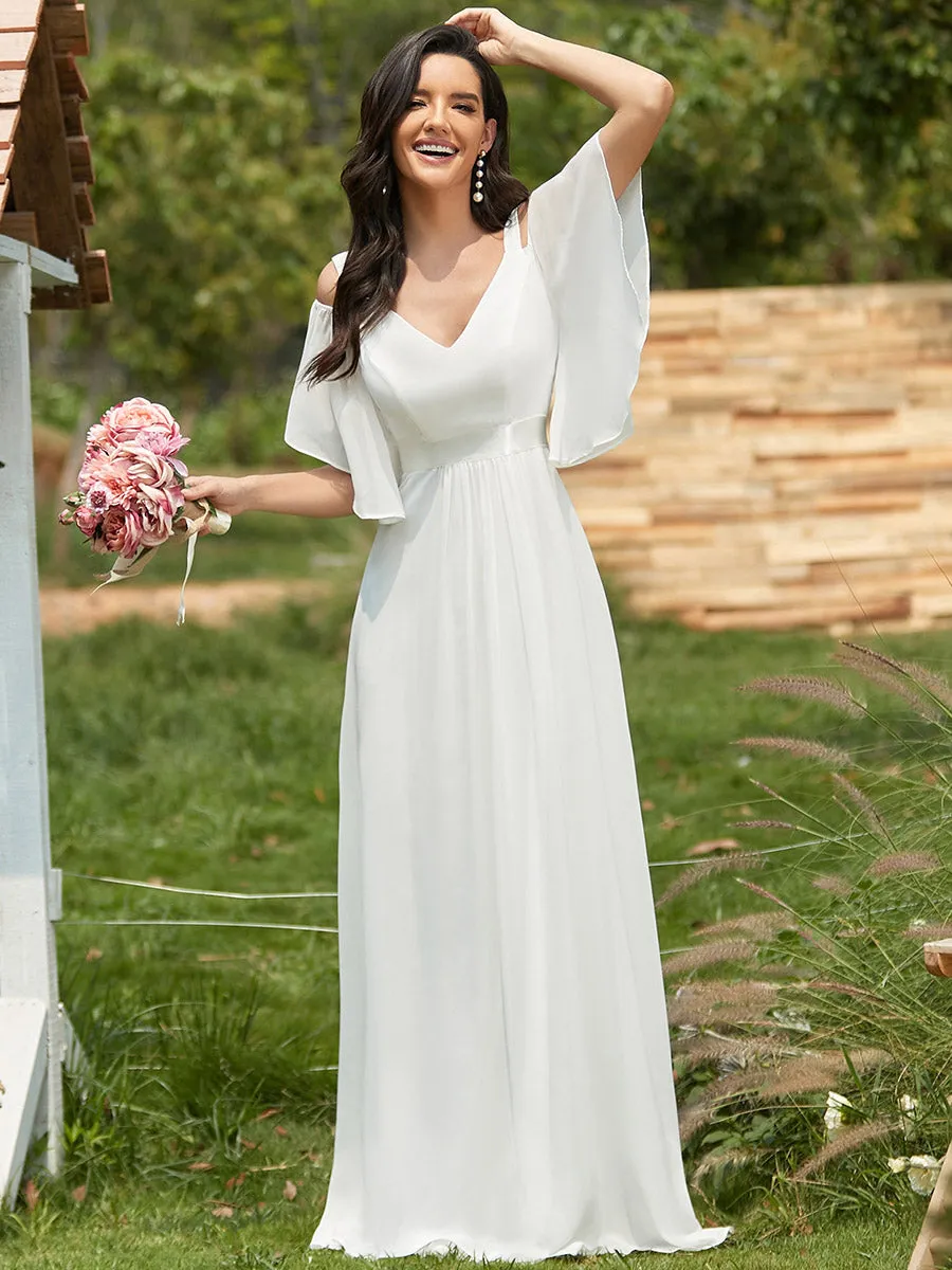 Cold Shoulder Chiffon Wholesale Bridesmaid Dress with Ruffle Sleeves