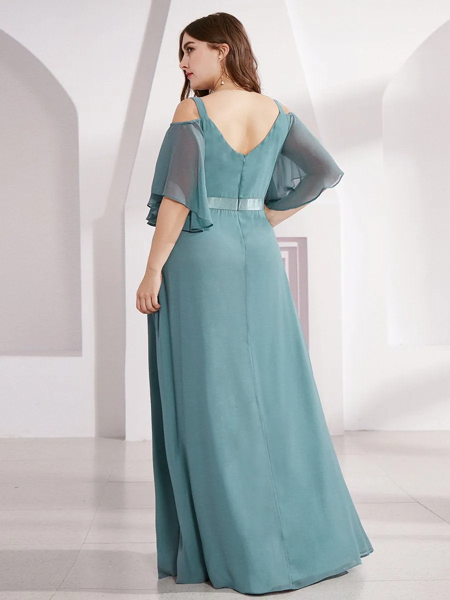 Cold Shoulder Chiffon Wholesale Bridesmaid Dress with Ruffle Sleeves