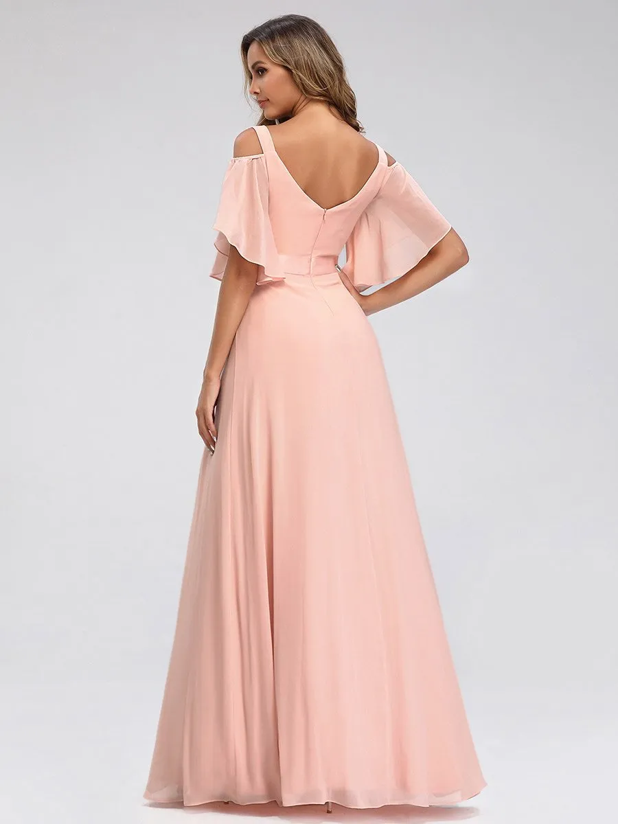 Cold Shoulder Chiffon Wholesale Bridesmaid Dress with Ruffle Sleeves