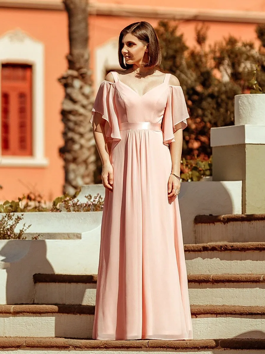 Cold Shoulder Chiffon Wholesale Bridesmaid Dress with Ruffle Sleeves