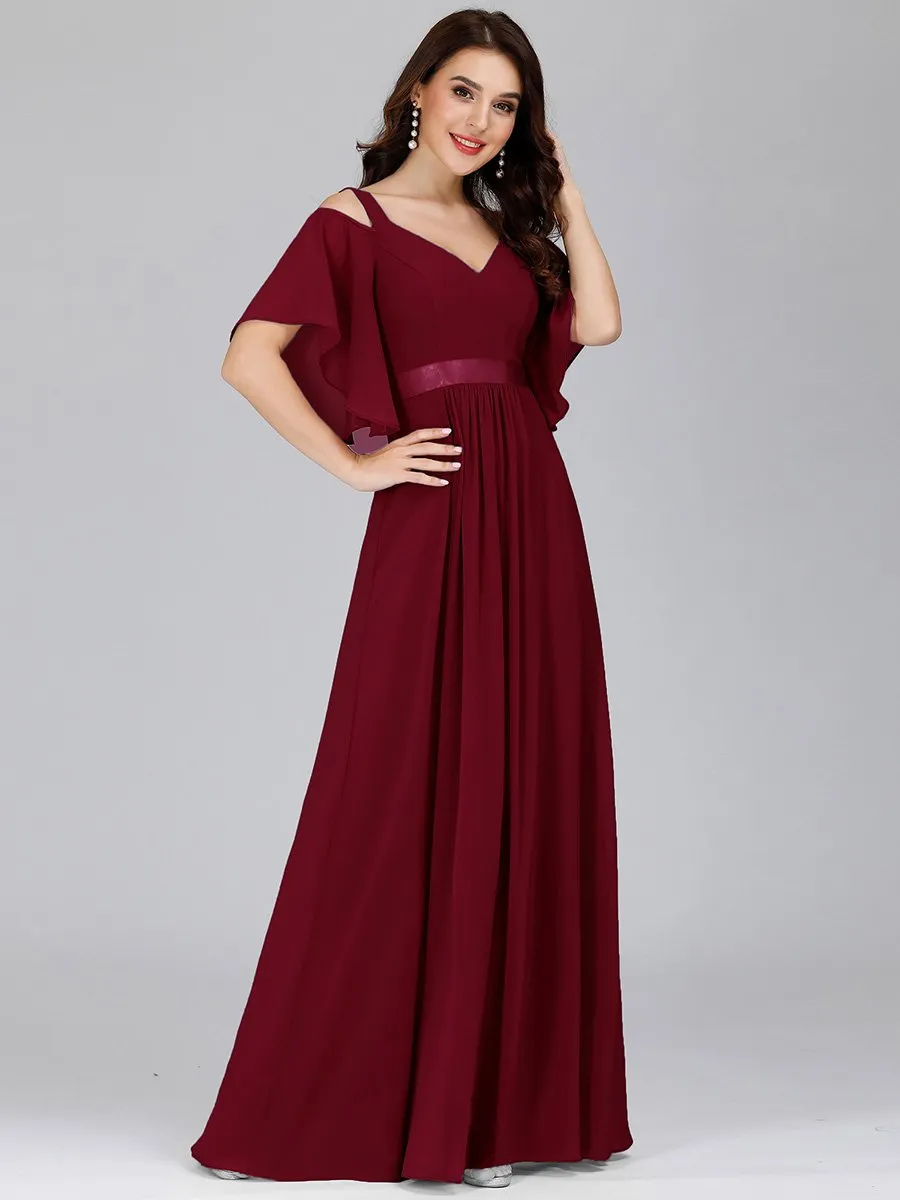 Cold Shoulder Chiffon Wholesale Bridesmaid Dress with Ruffle Sleeves