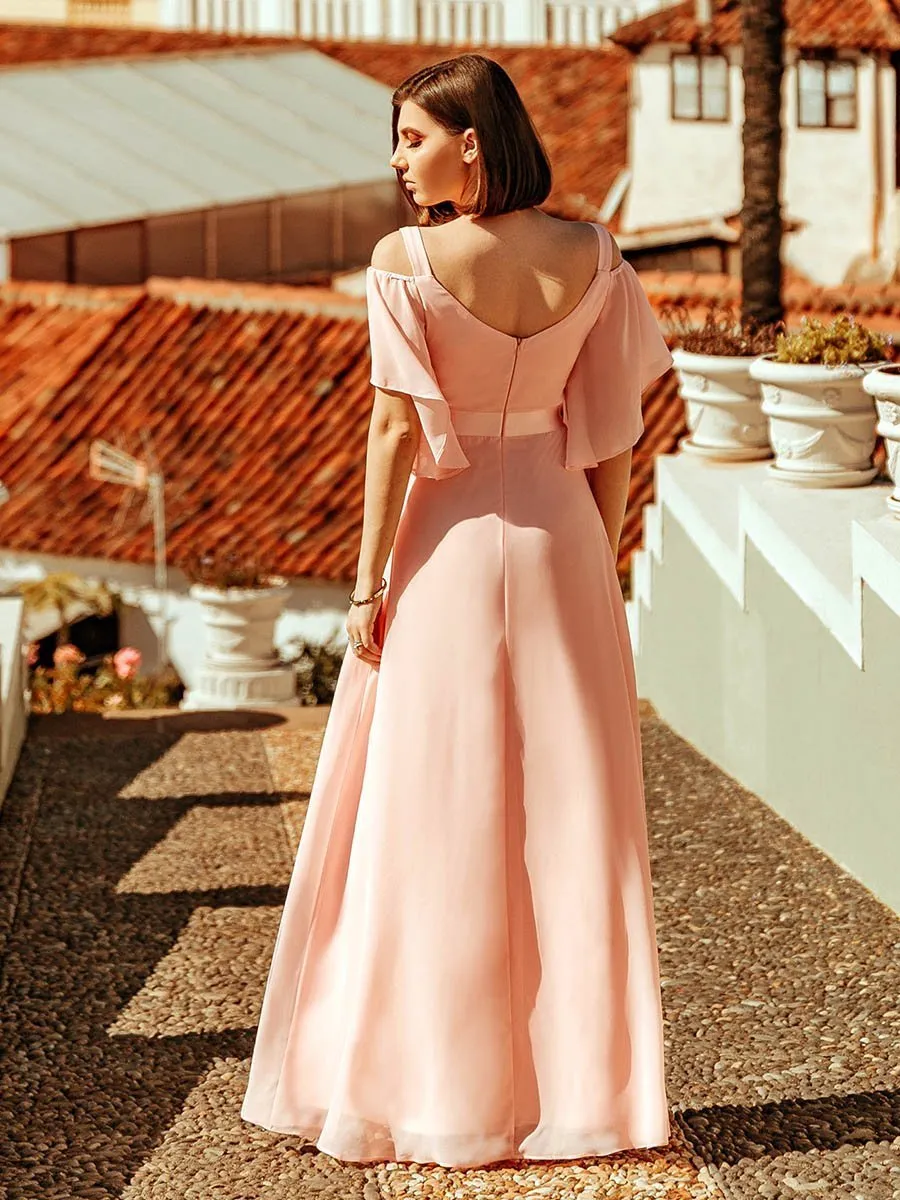 Cold Shoulder Chiffon Wholesale Bridesmaid Dress with Ruffle Sleeves