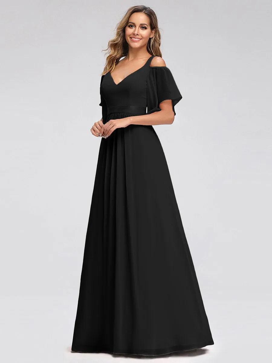 Cold Shoulder Chiffon Wholesale Bridesmaid Dress with Ruffle Sleeves