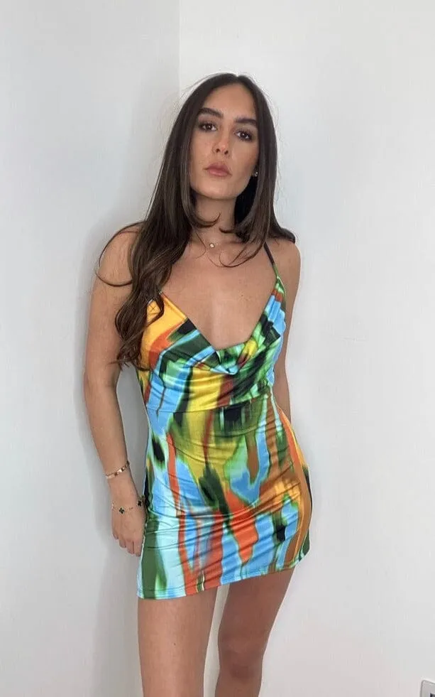 Cowl Neck Tropical Print Slip Dress