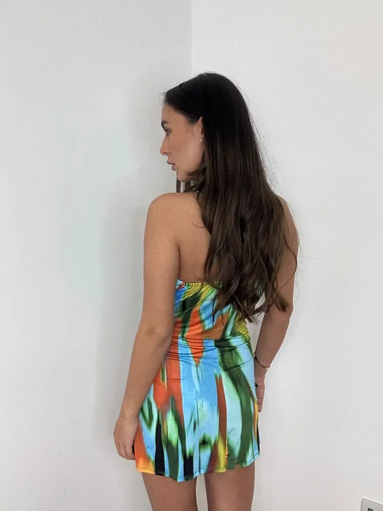 Cowl Neck Tropical Print Slip Dress