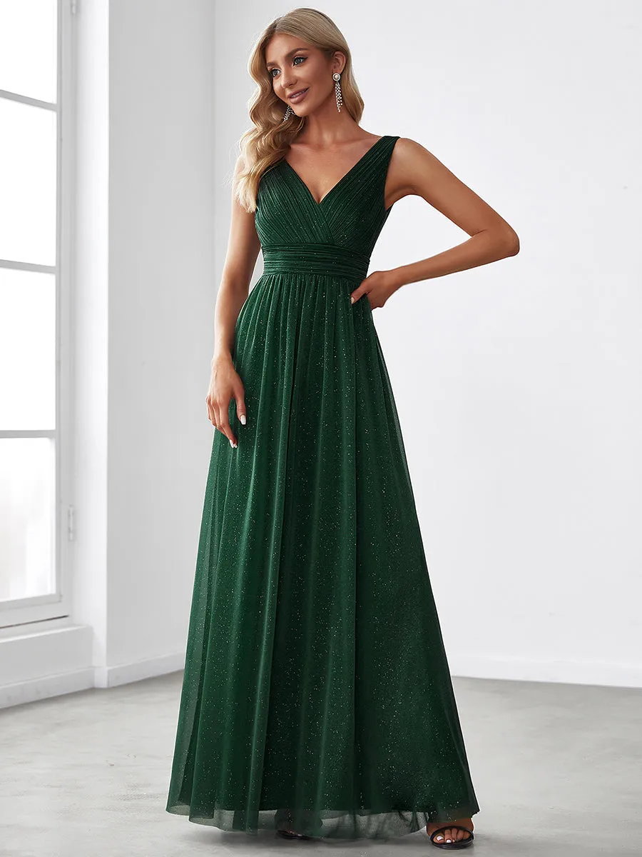 Custom Size Double V Neck Floor Length Sparkly Wholesale Evening Dresses for Party