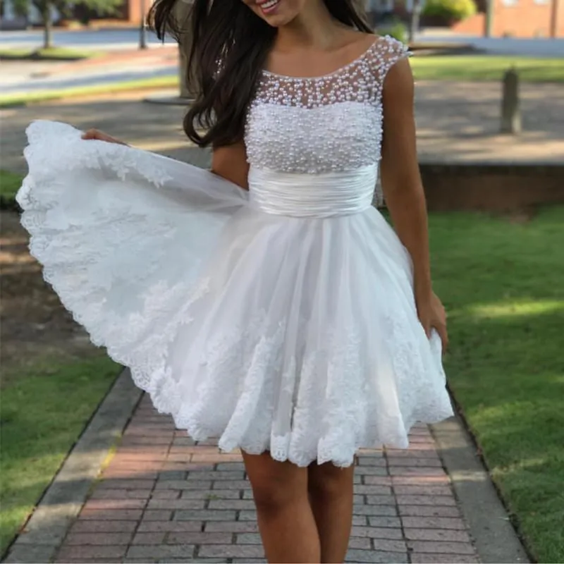 Cute A Line Cap Sleeves White Lace Homecoming Dresses Pearl Beaded