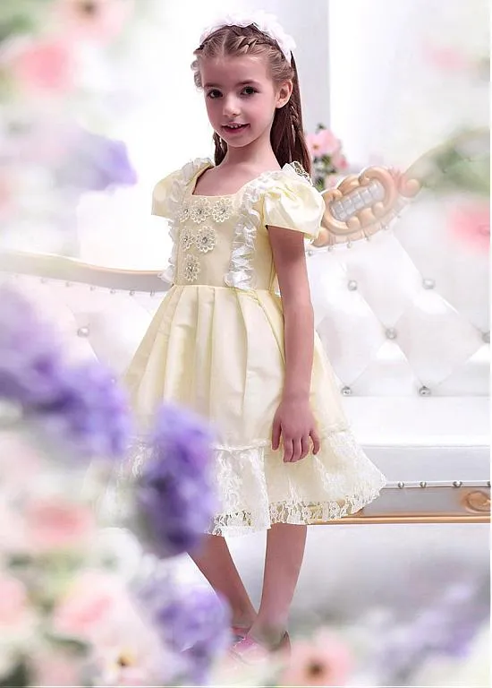 Cute Beaded Ivory Lace Flower Girl Dresses With Handmade Flowers ,Cheap Flower Girl Dresses ,FGY0168