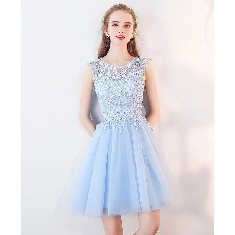 Cute Blue Illusion Lace Cheap Short Homecoming Dresses Online, BDY0297