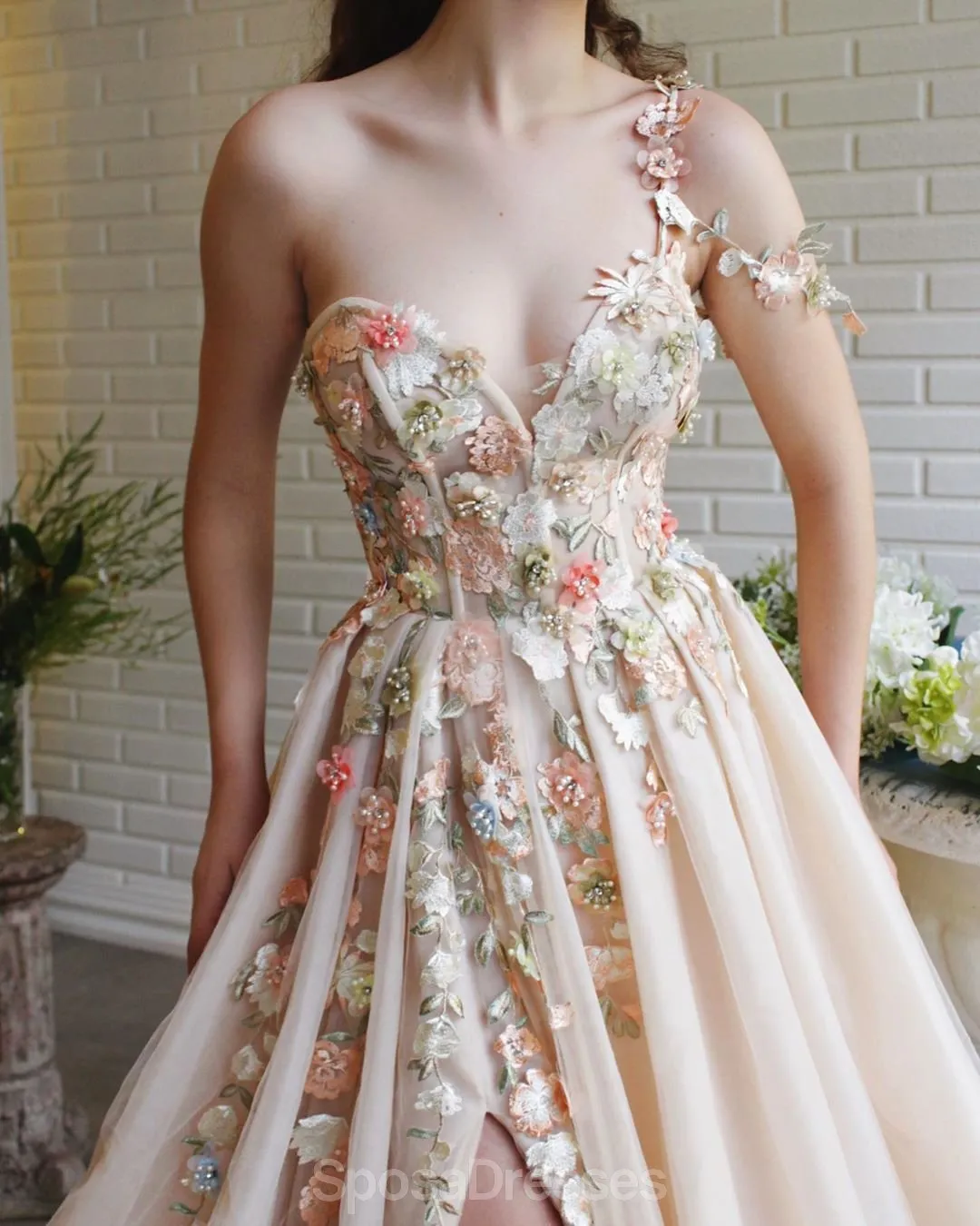 Cute One Shoulder Lace Flower Long Cheap Evening Prom Dresses, Evening Party Prom Dresses, 12351